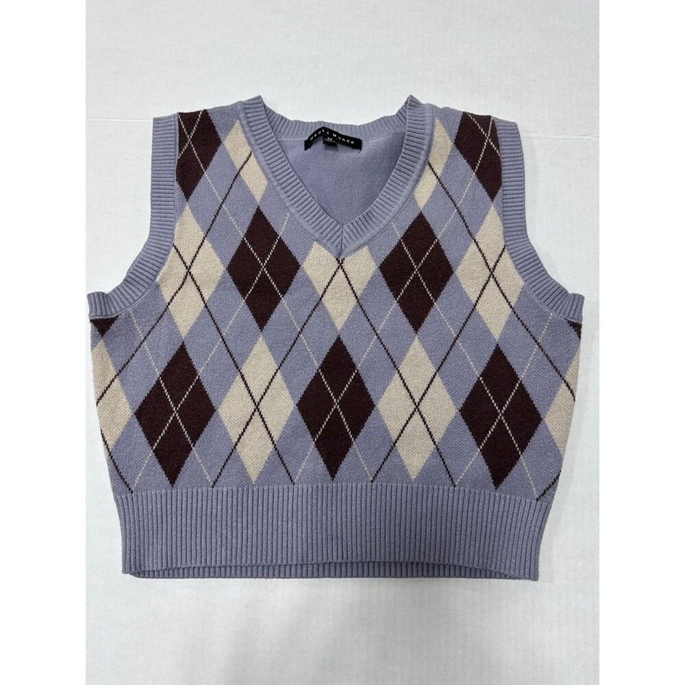 Haute Monde Women's Medium Lavender Brown Cream Argyle Cropped Sweater Vest